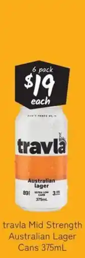 Cellarbrations Travla mid strength australian lager cans offer