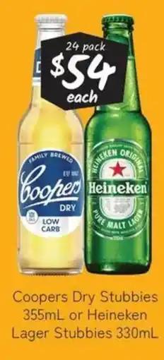 Cellarbrations Coopers dry stubbies or heineken lager stubbies offer