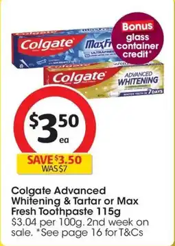 Coles Colgate advanced whitening & tartar or max fresh toothpaste offer