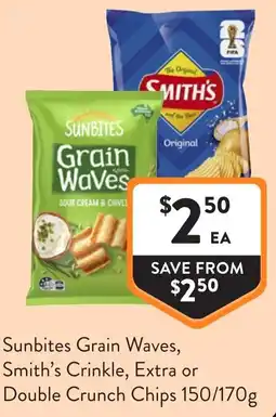 Foodworks Sunbites Grain Waves, Smith's Crinkle, Extra or Double Crunch Chips offer