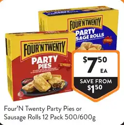Foodworks Four'n Twenty Party Pies or Sausage Rolls 12 Pack offer