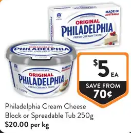 Foodworks Philadelphia Cream Cheese Block or Spreadable Tub offer