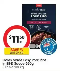 Coles Coles made easy pork ribs in bbq sauce offer