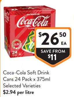 Foodworks Coca-Cola Soft Drink Cans 24 Pack x 375ml Selected Varieties offer