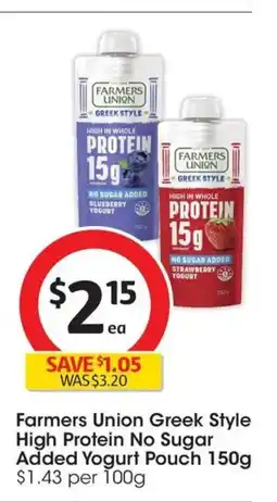 Coles Farmers union greek style high protein no sugar added yogurt pouch offer