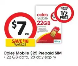 Coles Coles mobile $25 prepaid offer