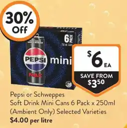 Foodworks Pepsi or Schweppes Soft Drink Mini Cans Selected Varieties offer