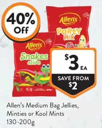 Foodworks Allen's Medium Bag Jellies Minties or Kool Mints offer