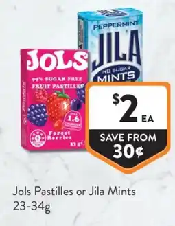 Foodworks Jols Pastilles or Jila Mints offer