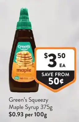 Foodworks Green's Squeezy Maple Syrup offer