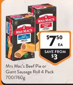 Foodworks Mrs Mac's Beef Pie or Giant Sausage Roll offer