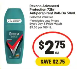 IGA Rexona Advanced Protection 72hr Antiperspirant Roll-On offer