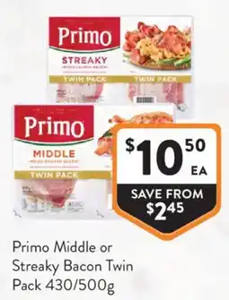 Foodworks Primo Middle or Streaky Bacon Twin Pack offer