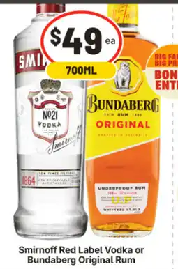 IGA Smirnoff Red Label Vodka or Bundaberg Original Rum offer
