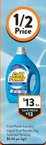 Foodworks Cold Power Laundry Liquid 2l or Powder 2kg Selected Varieties offer