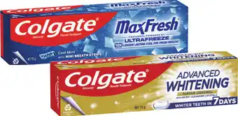 Coles Colgate Advanced Whitening & Tartar or Max Fresh Toothpaste 115g offer