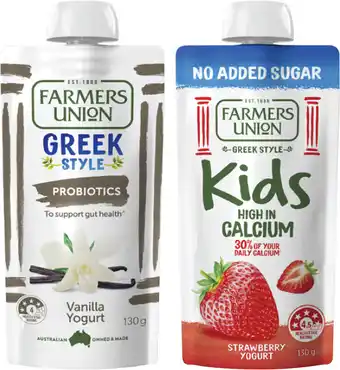 Coles Farmers Union Greek Style or No Added Sugar Kids Yogurt Pouch 130g offer