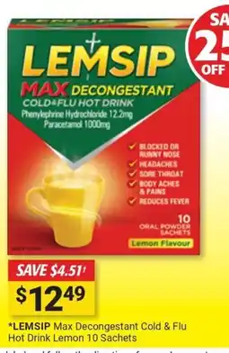 Cincotta Chemist Lemsip Max Decongestant Cold & Flu Hot Drink offer