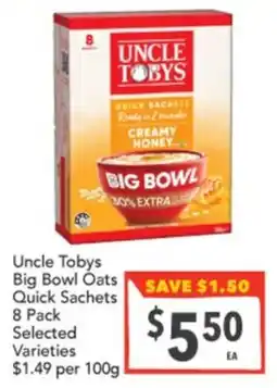 Supa Valu Uncle Tobys Big Bowl Oats Quick Sachets offer