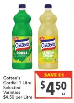 Supa Valu Cottees Cordial 1 Litre Selected Varieties offer