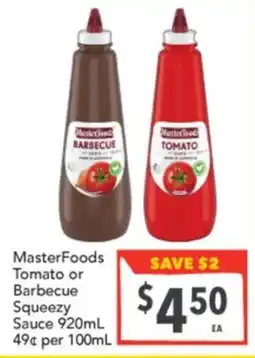 Supa Valu MasterFoods Tomato or Barbecue Squeezzy Sauce offer