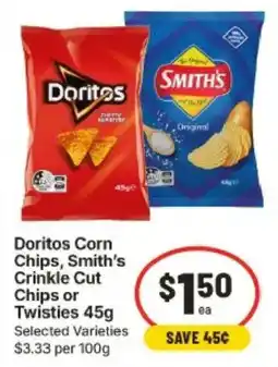 IGA Doritos Corn Chips, Smith's Crinkle Cut Chips or Twisties offer