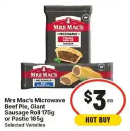IGA Mrs Mac's Microwave Beef Pie, Giant Sausage Roll or Pastie offer