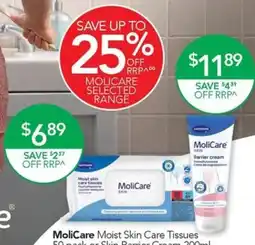 Terry White Molicare moist skin care tissues 50 pack or skin barrier cream offer