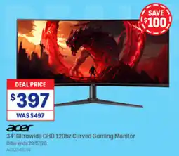 Officeworks Acer 34 Ultrawide QHD 120hz Curved Gaming Monitor offer