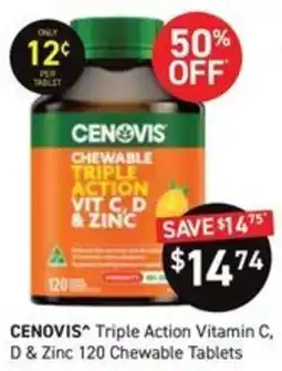 Chemist King Cenovis Triple Action Vitamin C, D & Zinc 120 Chewable Tablets offer
