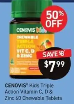 Chemist King Cenovis' Kids Triple Action Vitamin C & D & Zinc 60 Chewable Tablets offer