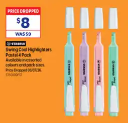 Officeworks Stabilo Swing Cool Highlighters Pastel 4 Pack offer