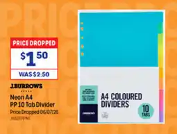 Officeworks J.Burrows Neon A4 PP 10 Tab Divider offer
