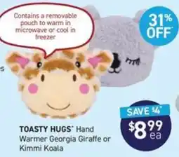 Chemist King Toasty Hugs Hand Warmer Georgia Giraffe or Kimmi Koala offer