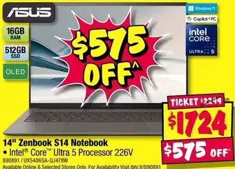 JB Hi-Fi Asus 14" Zenbook S14 Notebook offer