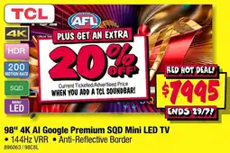 JB Hi-Fi 98 4K Al Google Premium SQD Mini LED TV offer