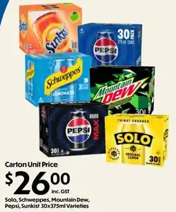 Campbells Wholesale Solo, Schweppes, Mountain Dew, Pepsi, Sunkist 30x375ml Varieties offer