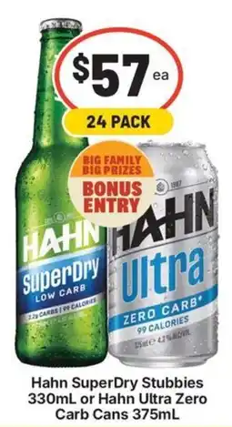 IGA Liquor Hahn SuperDry Stubbies or Hahn Ultra Zero Carb Cans offer