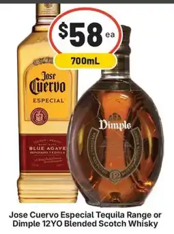 IGA Liquor Jose Cuervo Especial Tequila Range or Dimple 12YO Blended Scotch Whisky offer