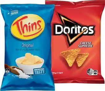 IGA Thins, Doritos, Smith’s Oven Baked Chips 130-175g or Assorted Multipack 5-6 Pack Selected Varieties offer