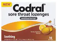 Good Price Pharmacy Codral Sore Throat Lozenges Antibacterial + Anaesthetic Honey & Lemon 16 Pack offer