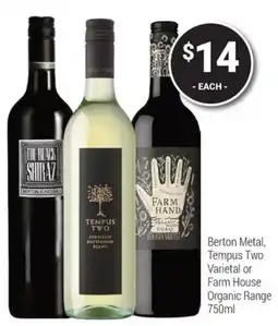Super Cellars Berton Metal, Tempus Two Varietal or Farm House Organic Range offer