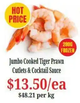 Farmer Jack's Jumbo Cooked Tiger Prawn Cutlets & Cocktail Sauce offer