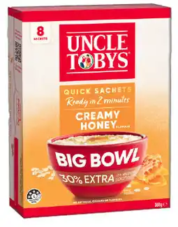 IGA Uncle Tobys Big Bowl Oats Quick Sachets Selected Varieties offer