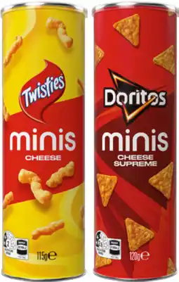 IGA Twisties Cheese 115g, Doritos Cheese Supreme 120g or Cheetos Cheese & Bacon 90g Minis Canister offer