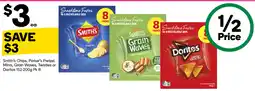 Woolworths Smith's Chips, Parker's Pretzel Minis, Grain Waves, Twisties or Doritos offer