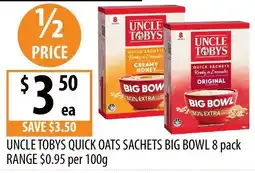 Supabarn Uncle Tobys Quick Oats Sachets Big Bowl offer
