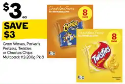 Woolworths Grain Waves, Parker's Pretzels, Twisties or Cheetos Chips offer