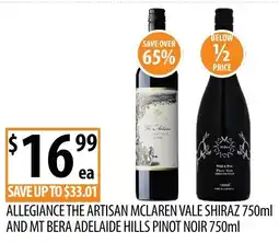 Supabarn Allegiance The Artisan McLaren Vale Shiraz and Mt Bera Adelaide Hills Pinot Noir offer