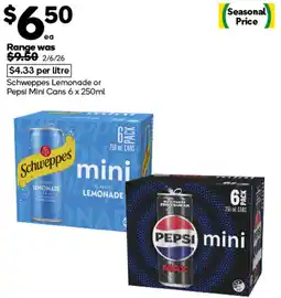 Woolworths Schweppes Lemonade or Pepsi Mini Cans offer